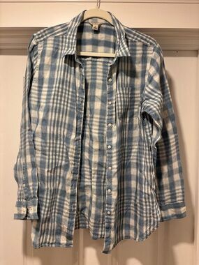 L.L. BEAN Women’s Linen Blue and White Plaid Button-Down Shirt (L)